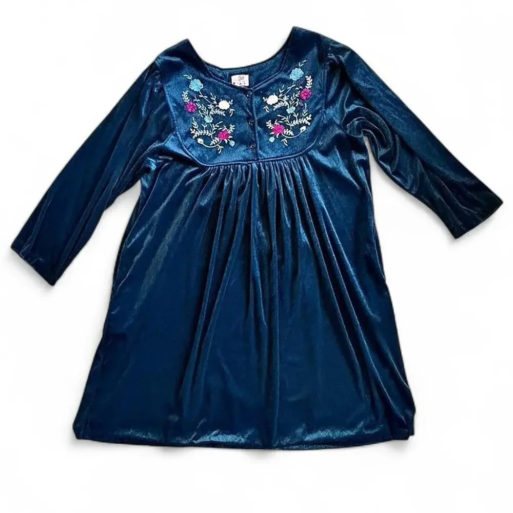 80s/90s Vintage Blue Velvet Embroidered Nightgown – Cottagecore Whimsygoth [XXL] - Picture 8 of 8